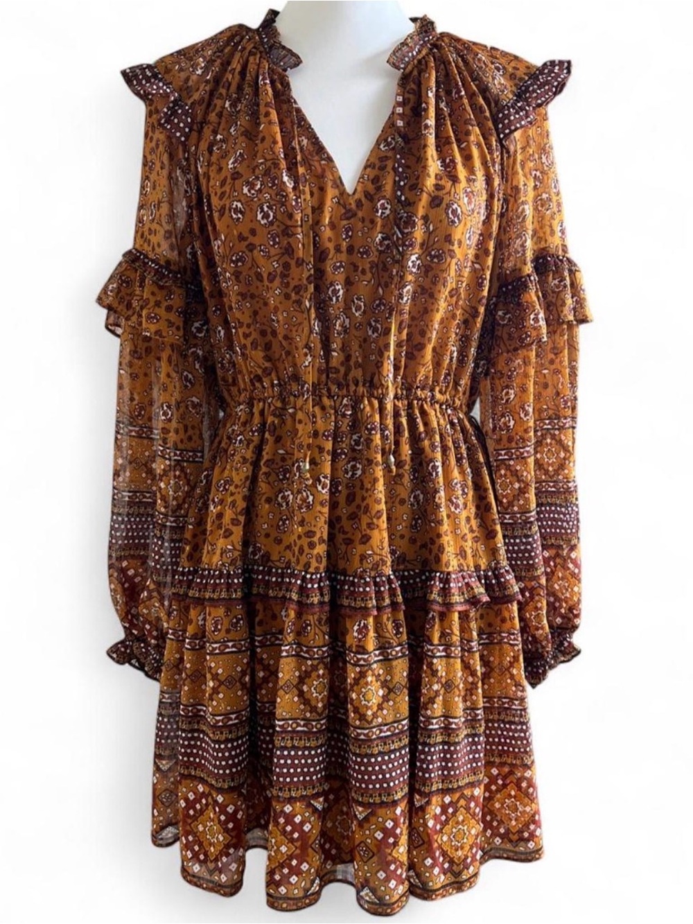 House of Harlow 1960 Wallis Rust Multi Floral Smocked Ruffle Mini Dress Size S
